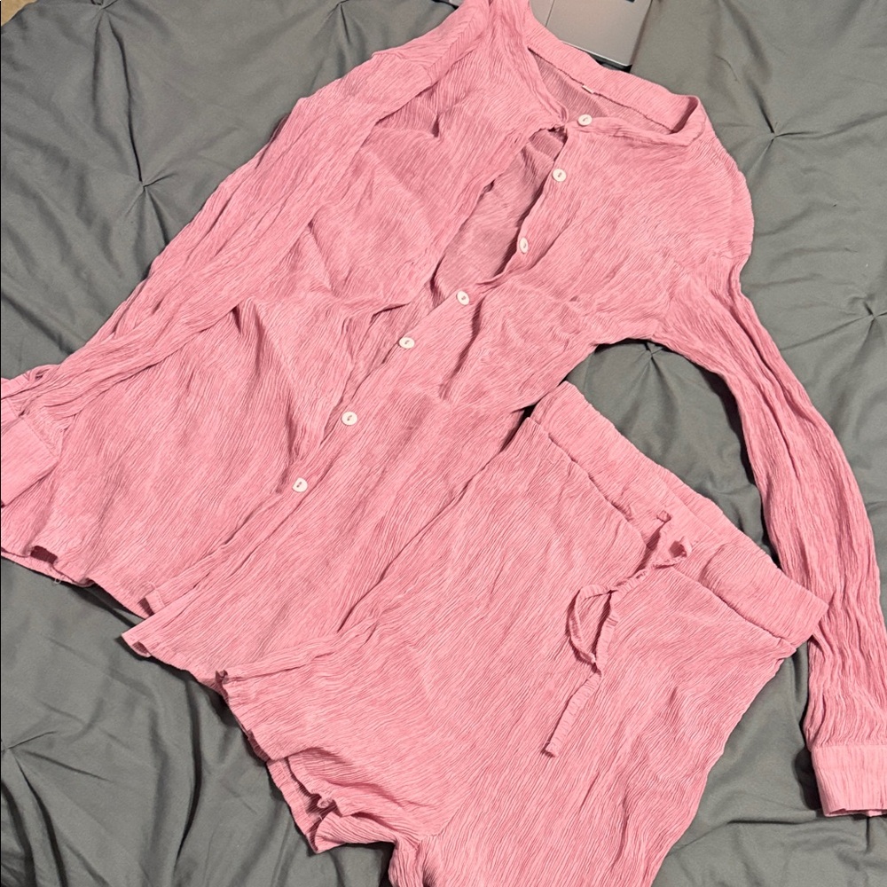 Pink Crinkled Button-Up Top & Drawstring Shorts Set